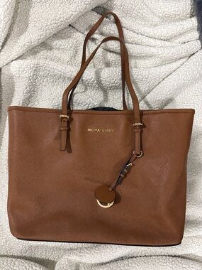 Michael Kors Cognac Brown Saffiano Leather Tote with Gold Logo